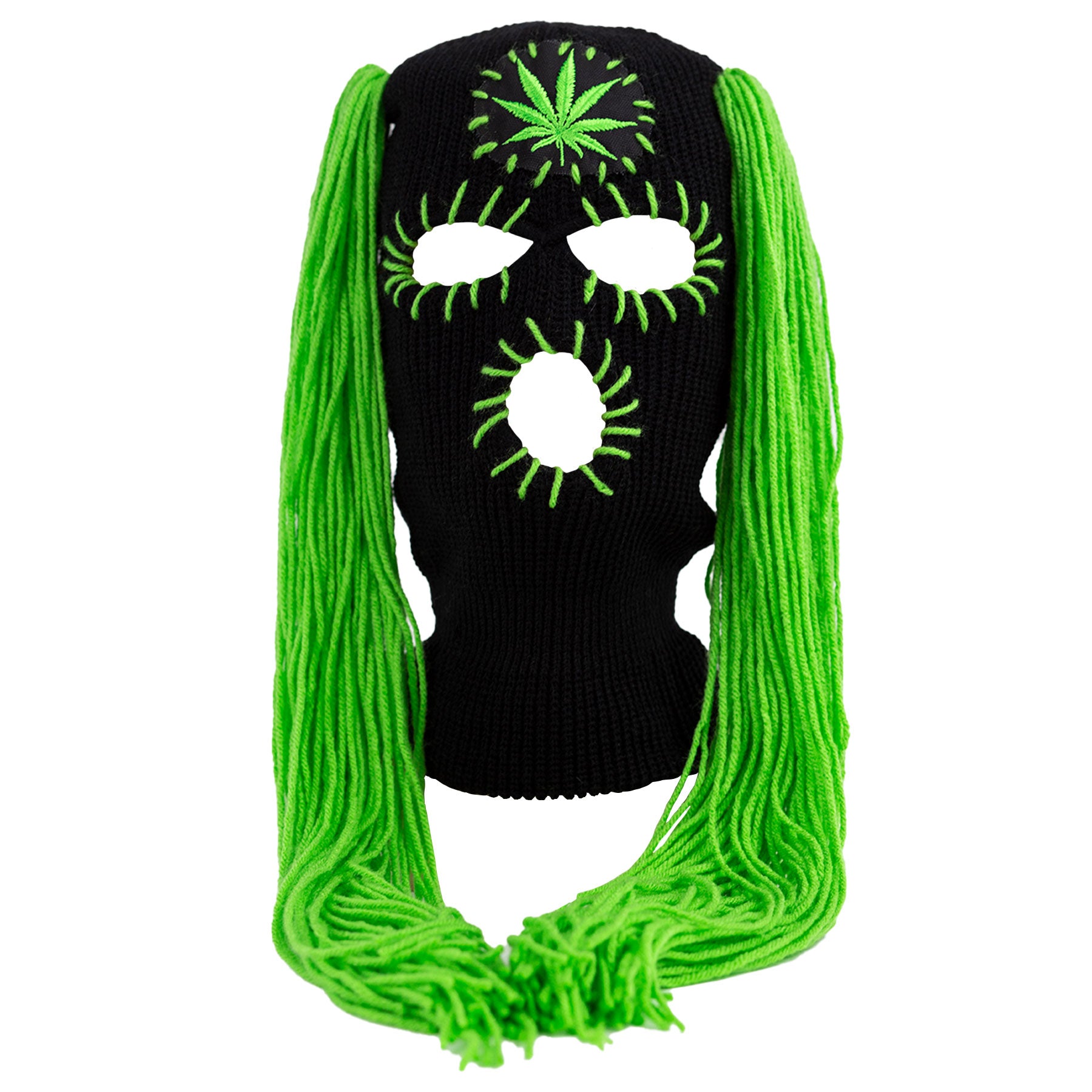 Black ski mask with green hair extensions on a white background
